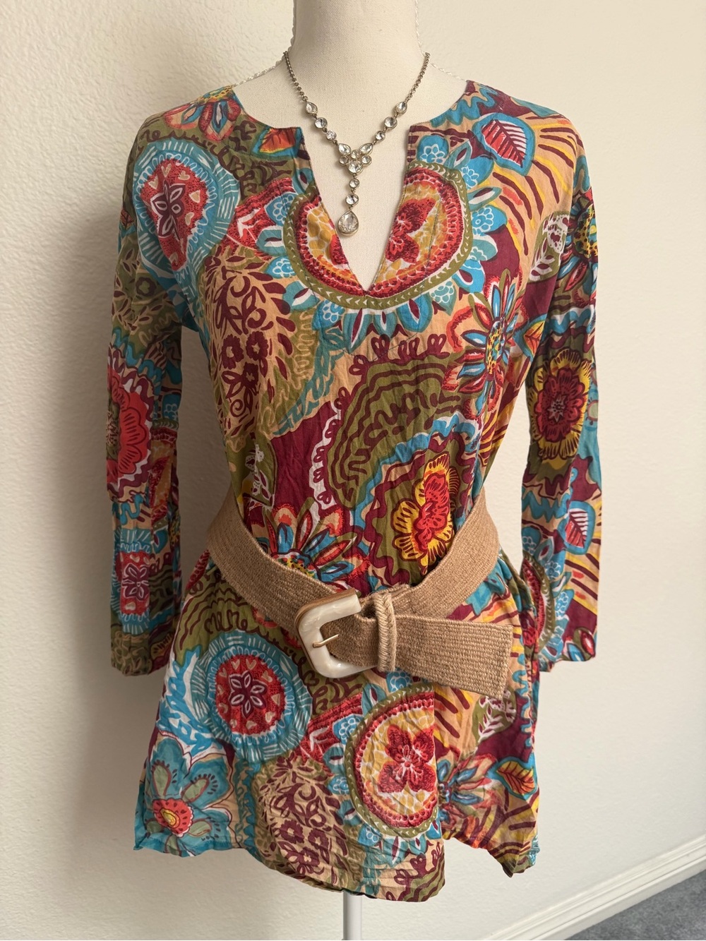 Boho Floral Split-Neck Tunic Top